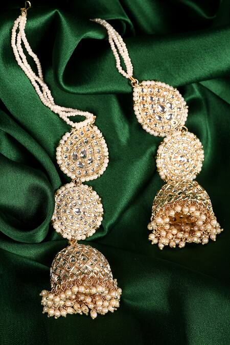 Samyukta Singhania Gold Plated Jadau Kundan Jhumkas With Ear Chain