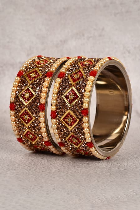 Samyukta Singhania Gold Plated Zircon Stones Pearl Embellished Bangles - Set Of 2