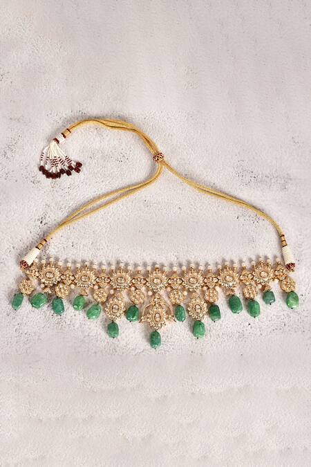 Moh-Maya By Disha Khatri_Gold Plated Beads, Pearls Kundan Choker Set With Earrings _Online_at_Aza_Fashions