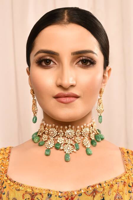 Buy_Moh-Maya By Disha Khatri_Gold Plated Beads, Pearls Kundan Choker Set With Earrings _Online_at_Aza_Fashions