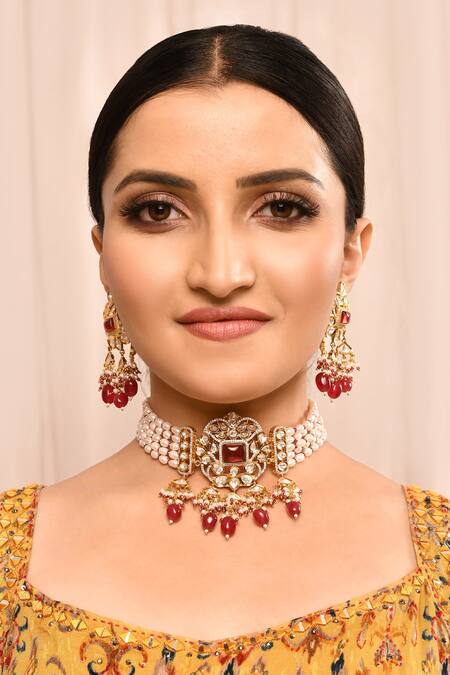 Buy Moh-Maya By Disha Khatri Gold Plated Pearls Kundan And Bead Choker Set Online at Aza Fashions Buy_Moh-Maya By Disha Khatri_Gold Plated Pearls Kundan And Bead Choker Set _Online_at_Aza_Fashions