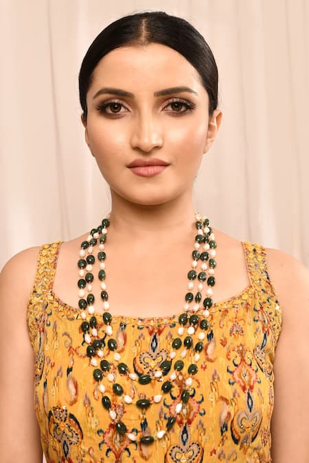 Moh-Maya By Disha Khatri_Green Gold Finish Layered Necklace With Beads _Online_at_Aza_Fashions