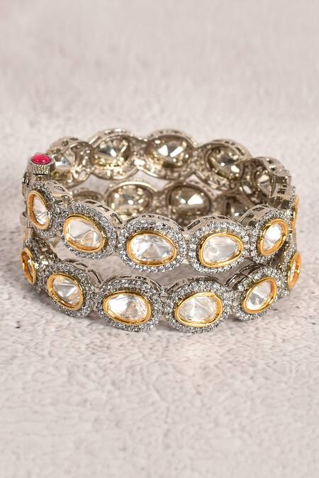 Shop_Moh-Maya By Disha Khatri_Gold Plated Diamonds, Zari Polki Embellished Bangles Set _Online_at_Aza_Fashions