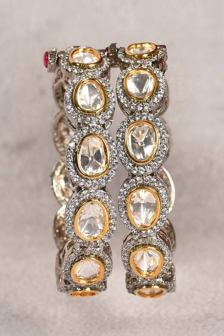Moh-Maya By Disha Khatri_Gold Plated Diamonds, Zari Polki Embellished Bangles Set _at_Aza_Fashions