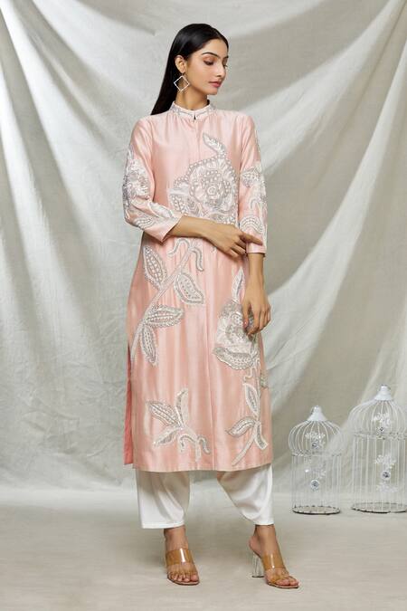 Alok & Harsh Peach Chanderi Floral Embroidered Kurta