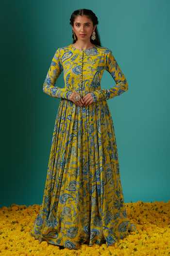 Sutrabysweta Yellow Chiffon Paisley Print Gown 1