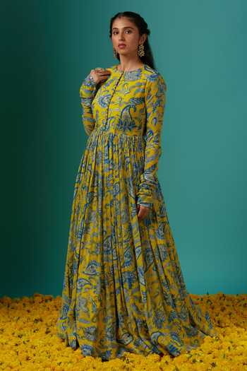 Sutrabysweta Yellow Chiffon Paisley Print Gown 2
