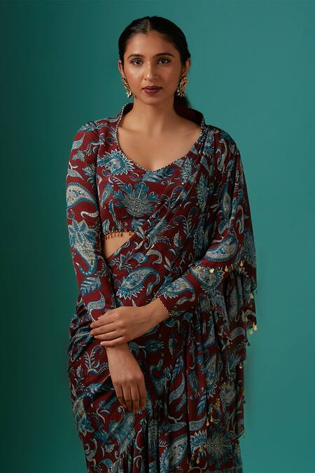 Sutrabysweta_Maroon Chiffon Paisley Prints Scoop Neck Pre-draped Saree With Blouse_Online_at_Aza_Fashions