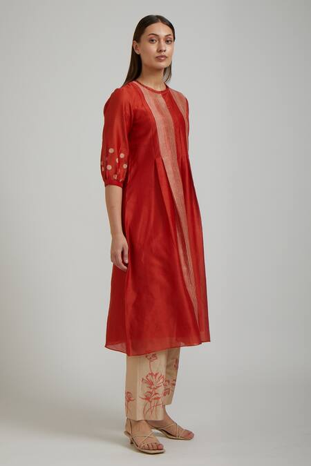 Vamil By Tina & Sonali_Orange Silk Chanderi Printed Hand Block Polka Kurta And Pant Set _Online_at_Aza_Fashions