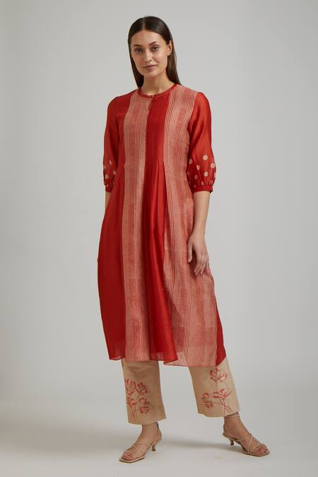 Buy_Vamil By Tina & Sonali_Orange Silk Chanderi Printed Hand Block Polka Kurta And Pant Set _Online_at_Aza_Fashions