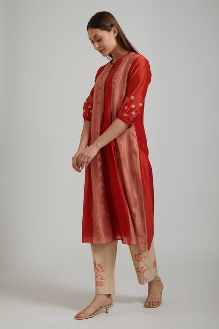 Shop_Vamil By Tina & Sonali_Orange Silk Chanderi Printed Hand Block Polka Kurta And Pant Set _Online_at_Aza_Fashions