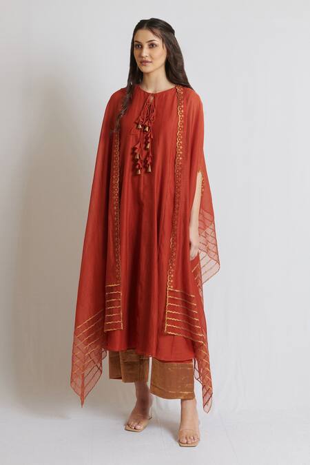 Brij_Orange Cotton, Organza, Kora Chanderi Round Long Kurta Set With Cape_Online_at_Aza_Fashions