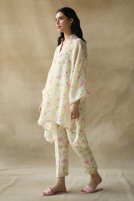 Roza_White Olivia Linen Floral Print Tunic_Online_at_Aza_Fashions