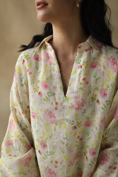 Buy_Roza_White Olivia Linen Floral Print Tunic_Online_at_Aza_Fashions