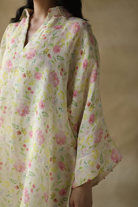 Shop_Roza_White Olivia Linen Floral Print Tunic_Online_at_Aza_Fashions