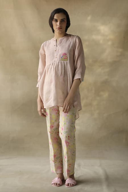 ROZA Pink Linen Placement Embroidered Top