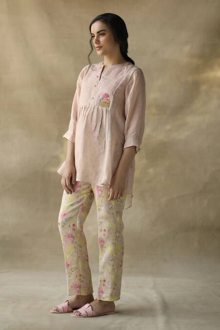 Roza Pink Linen Placement Embroidered Top Online at Aza Fashions Roza_Pink Linen Placement Embroidered Top_Online_at_Aza_Fashions