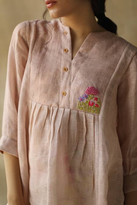 Buy_Roza_Pink Linen Placement Embroidered Top_Online_at_Aza_Fashions