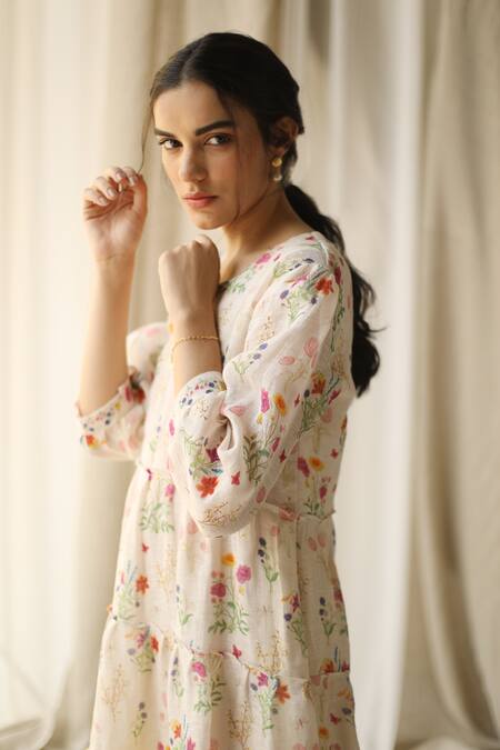 Roza_White Jasmine Linen Printed Tiered Dress_Online_at_Aza_Fashions