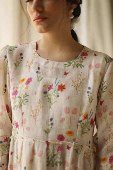 Buy_Roza_White Jasmine Linen Printed Tiered Dress_Online_at_Aza_Fashions