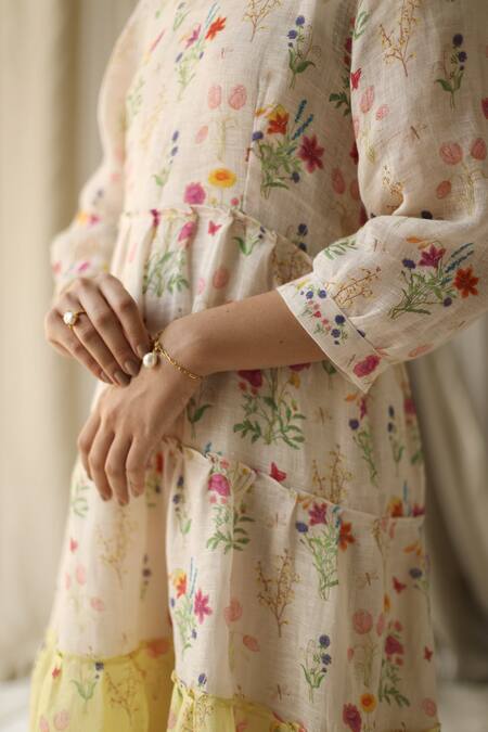Shop_Roza_White Jasmine Linen Printed Tiered Dress_Online_at_Aza_Fashions