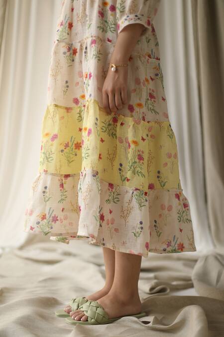 Roza_White Jasmine Linen Printed Tiered Dress_at_Aza_Fashions