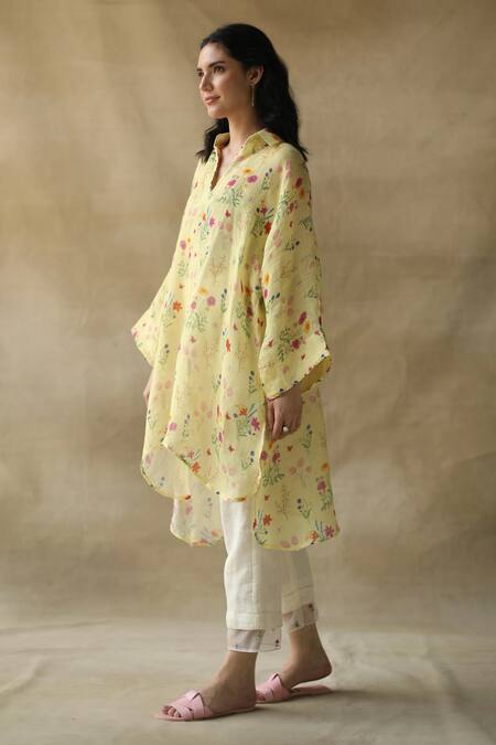 Roza_Yellow Wisteria Linen Asymmetric Tunic_Online_at_Aza_Fashions