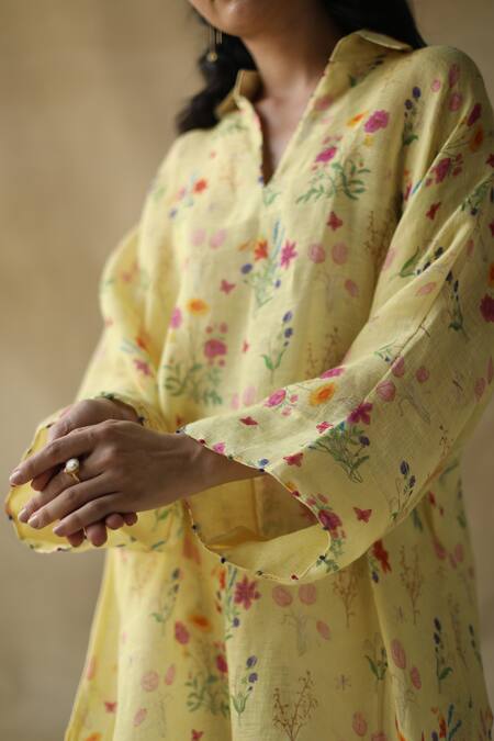 Buy_Roza_Yellow Wisteria Linen Asymmetric Tunic_Online_at_Aza_Fashions