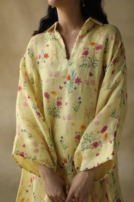 Shop_Roza_Yellow Wisteria Linen Asymmetric Tunic_Online_at_Aza_Fashions