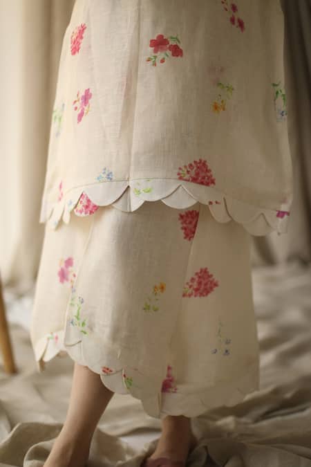 Shop_Roza_White Ophelia Linen Printed Kurta And Pant Set_Online_at_Aza_Fashions