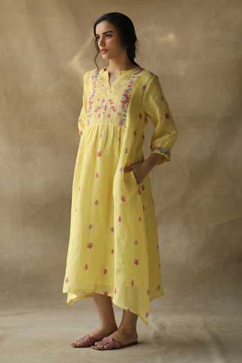 Roza_Yellow Sarah Linen Printed Dress_Online_at_Aza_Fashions