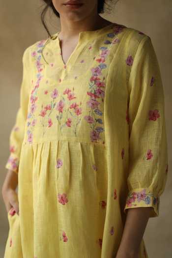 Buy_Roza_Yellow Sarah Linen Printed Dress_Online_at_Aza_Fashions