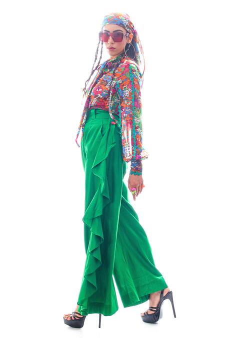 Nitya Bajaj_Green Georgette Printed Cat Motifs High Meow Shirt And Ruffle Pant Set _Online_at_Aza_Fashions