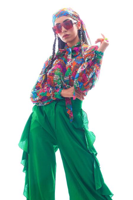 Buy_Nitya Bajaj_Green Georgette Printed Cat Motifs High Meow Shirt And Ruffle Pant Set _Online_at_Aza_Fashions