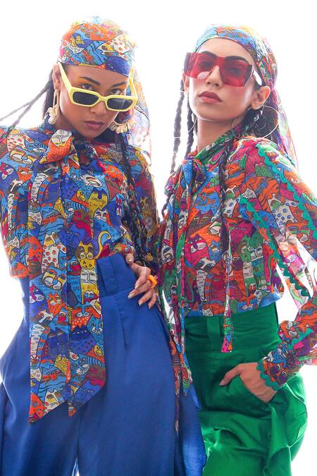 Shop_Nitya Bajaj_Green Georgette Printed Cat Motifs High Meow Shirt And Ruffle Pant Set _Online_at_Aza_Fashions