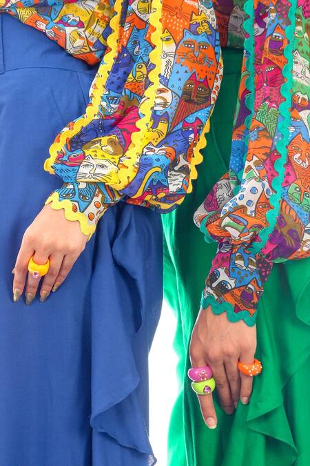 Nitya Bajaj_Green Georgette Printed Cat Motifs High Meow Shirt And Ruffle Pant Set _at_Aza_Fashions