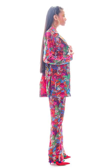 Nitya Bajaj_Pink Georgette Printed Cat Motifs Meow Summer Blazer And Pant Set _Online_at_Aza_Fashions