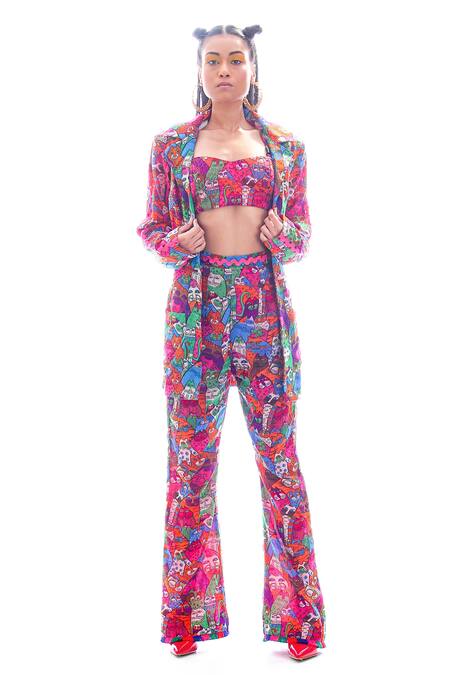 Buy_Nitya Bajaj_Pink Georgette Printed Cat Motifs Meow Summer Blazer And Pant Set _Online_at_Aza_Fashions