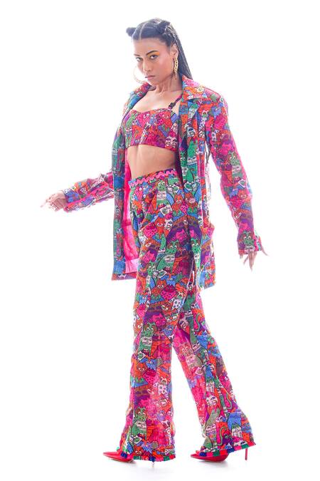 Shop_Nitya Bajaj_Pink Georgette Printed Cat Motifs Meow Summer Blazer And Pant Set _Online_at_Aza_Fashions