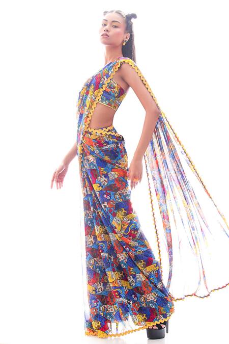 Nitya Bajaj_Blue Georgette Cat Motifs Sweetheart Neck Meow Print Pant Saree With Bustier_Online_at_Aza_Fashions