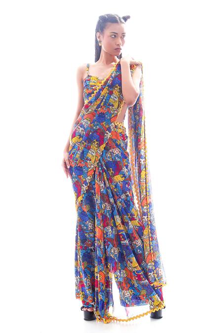 Buy_Nitya Bajaj_Blue Georgette Cat Motifs Sweetheart Neck Meow Print Pant Saree With Bustier_Online_at_Aza_Fashions