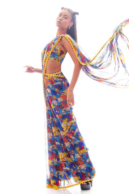 Nitya Bajaj_Blue Georgette Cat Motifs Sweetheart Neck Meow Print Pant Saree With Bustier_at_Aza_Fashions