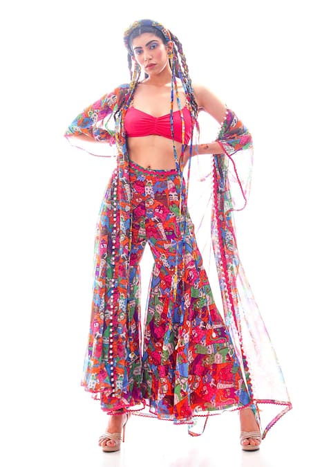 Nitya Bajaj Pink Georgette, Lycra Cat Motifs Blouse Scoop Meow Print Sharara Set With Cape