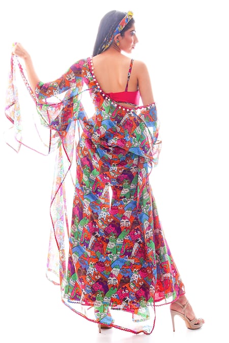 Shop Nitya Bajaj Pink Georgette, Lycra Cat Motifs Blouse Scoop Meow Print Sharara Set With Cape at Aza Fashions Shop_Nitya Bajaj_Pink Georgette, Lycra Cat Motifs Blouse Scoop Meow Print Sharara Set With Cape_at_Aza_Fashions