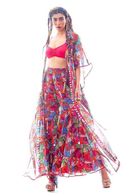 Nitya Bajaj Pink Georgette, Lycra Cat Motifs Blouse Scoop Meow Print Sharara Set With Cape Online at Aza Fashions Nitya Bajaj_Pink Georgette, Lycra Cat Motifs Blouse Scoop Meow Print Sharara Set With Cape_Online_at_Aza_Fashions