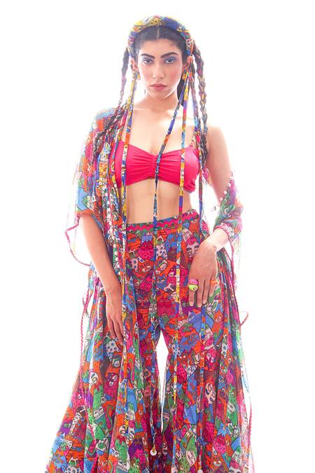 Shop Nitya Bajaj Pink Georgette, Lycra Cat Motifs Blouse Scoop Meow Print Sharara Set With Cape Online at Aza Fashions Shop_Nitya Bajaj_Pink Georgette, Lycra Cat Motifs Blouse Scoop Meow Print Sharara Set With Cape_Online_at_Aza_Fashions