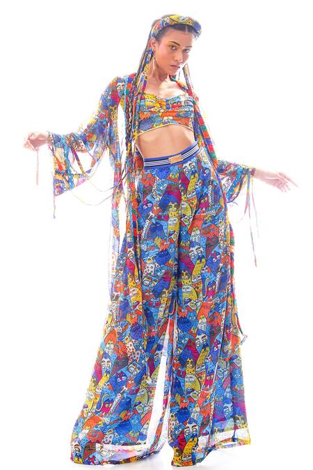 Nitya Bajaj_Blue Georgette Cat Motifs Blouse Scoop Meow Print Palazzo Set With Cape_Online_at_Aza_Fashions
