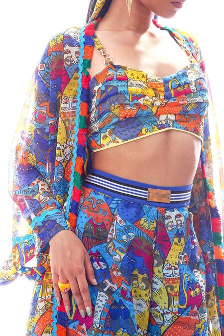 Shop_Nitya Bajaj_Blue Georgette Cat Motifs Blouse Scoop Meow Print Palazzo Set With Cape_Online_at_Aza_Fashions
