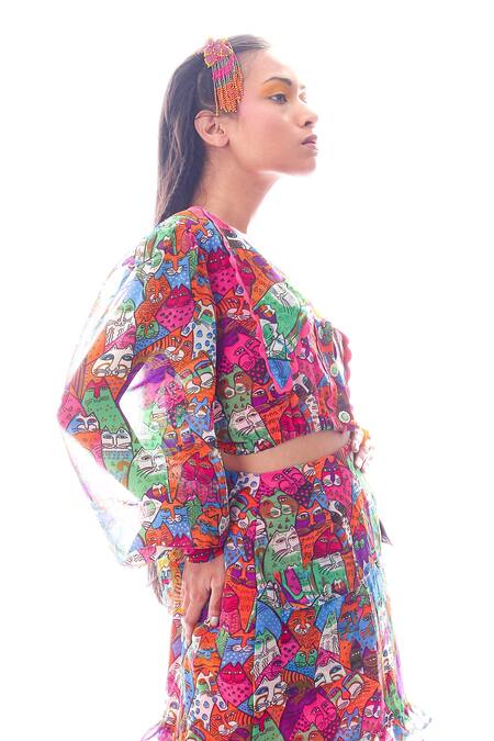 Shop_Nitya Bajaj_Pink Georgette Cat Motifs Elaborate Flap Collar Meow Print Crop Top And Skirt Set_Online_at_Aza_Fashions