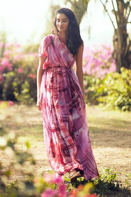 Buy_Ankita Dharman_Multi Color Chiffon One Shoulder Ahura Kaftan _Online_at_Aza_Fashions